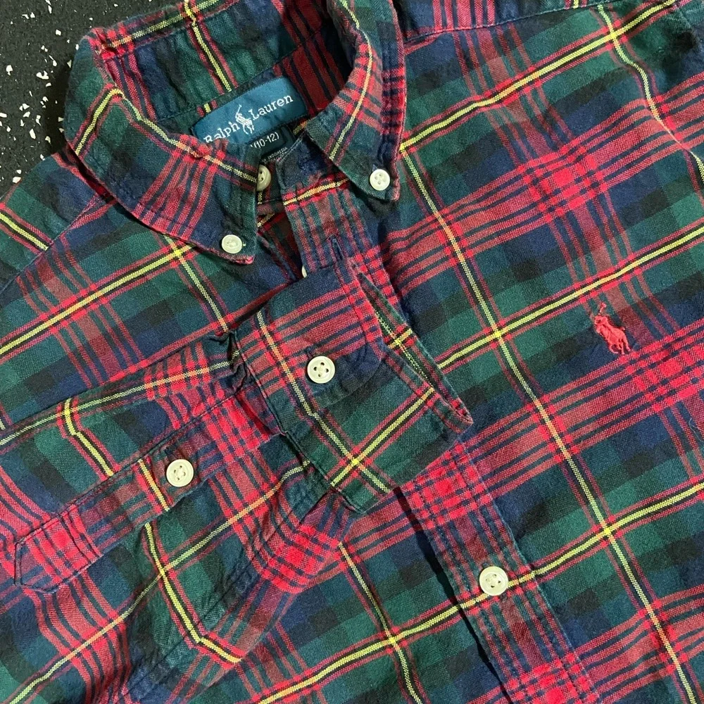 Ralph Lauren boys 10/12 youth M Plaid Shirt Red Green